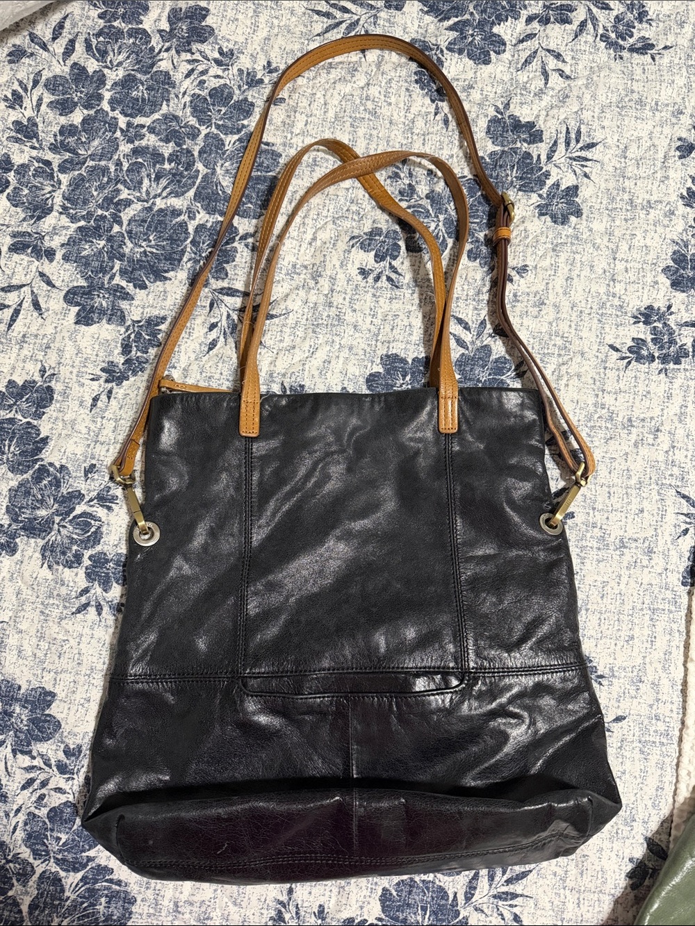 HOBO Black Leather Crossbody Tote with Tan Straps